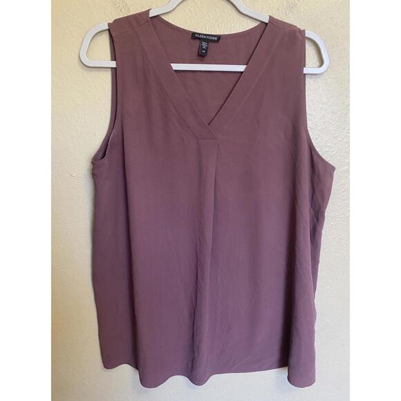 EILEEN FISHER Blouse Top Large Pure Silk  V Neck Sleeveless Purple - Picture 1 of 6